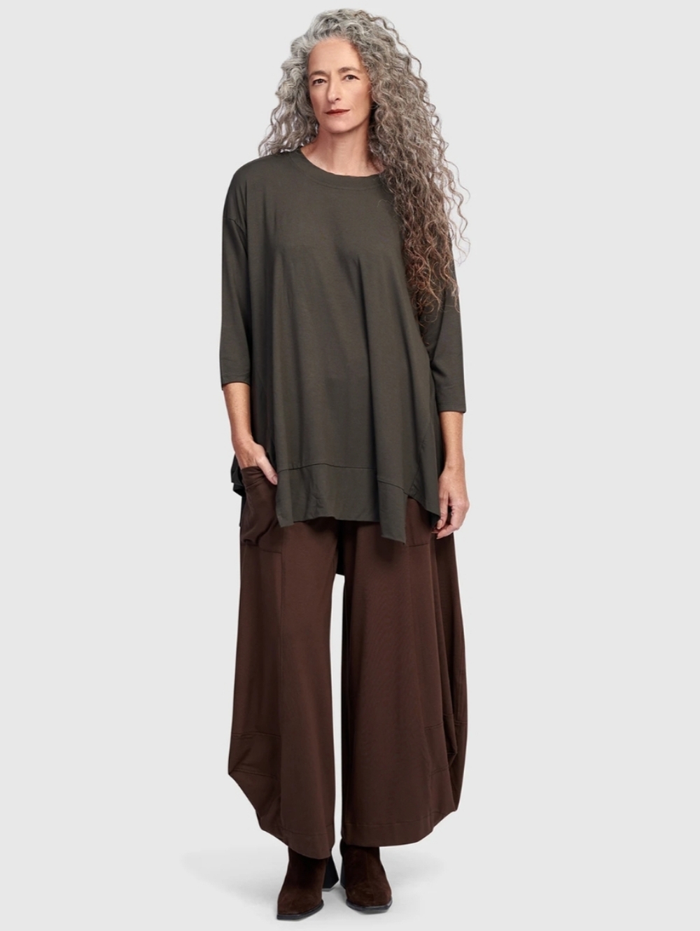 Alembika Essential Oversized Top - Khaki Size Medium Tunic Lagenlook Hi-lo Hem